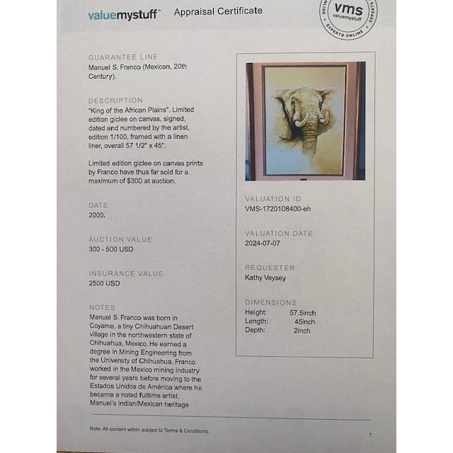 Tan Mid 20th Century Limited Edition Canvas Elephant "King of the African Plains", Framed For Sale - Image 8 of 8