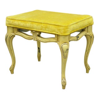 Vintage French Provincial Yellow Painted Cabriole Leg Vanity Bench Seat For Sale
