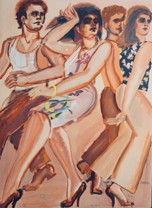 1980s Lester Johnson Street Scene White Dress Hand Signed Numbered Lithograph Art