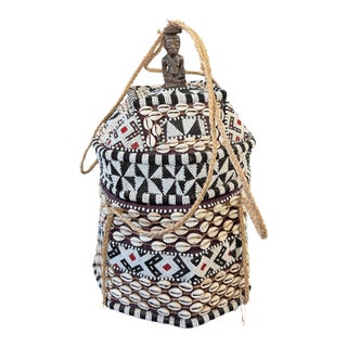 Vintage African Kuba Royal Beaded Basket Congo 21" H For Sale