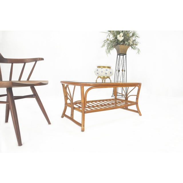 Mid-Century Modern Ficks Reed Rattan Bamboo Rounded Corners Two Tier Coffee Table c1970s For Sale - Image 3 of 12