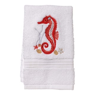 Coral Seahorse and Shells Guest Towel in White Terry, Embroidered For Sale