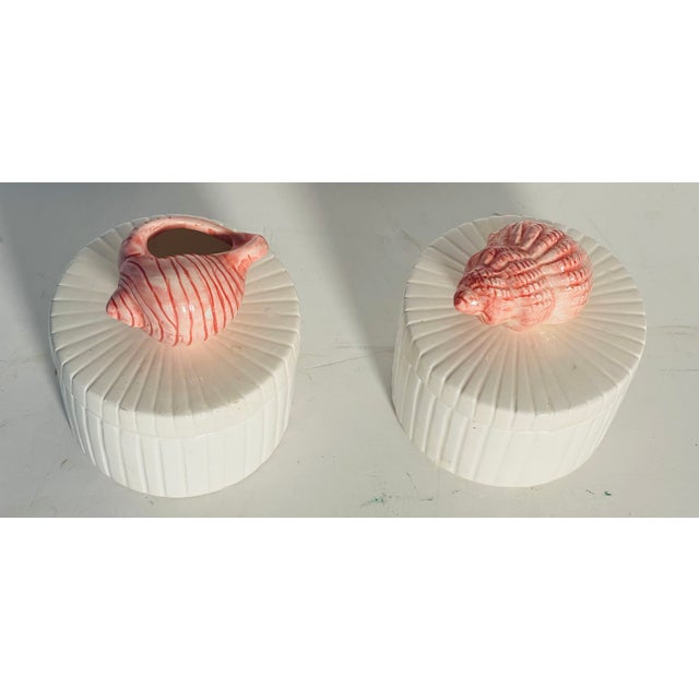 Coastal Vintage Pair Ceramic Sea Shell Triket Boxes For Sale - Image 3 of 5