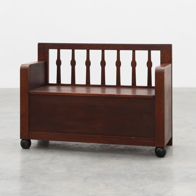 Modernist Art Deco Bench with Lift-Top Storage Seat in Oak, Belgium, 1920s For Sale - Image 18 of 18