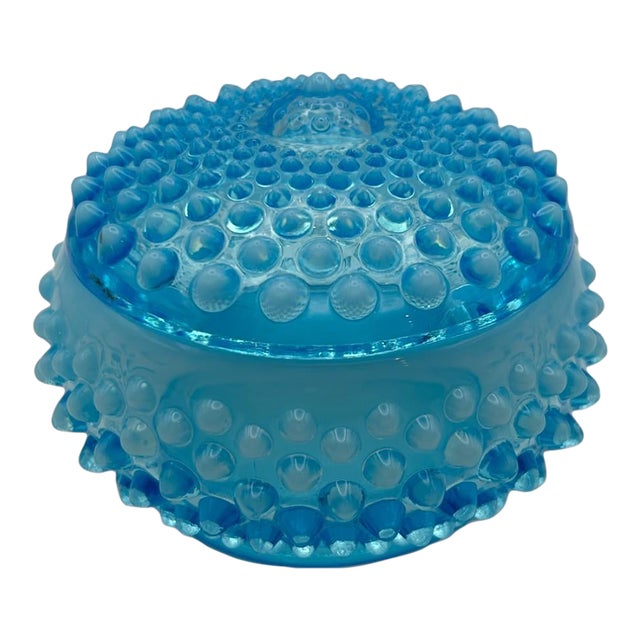 1940s Vintage Fenton Blue Opalescent Hobnail Glass Trinket Dish For Sale