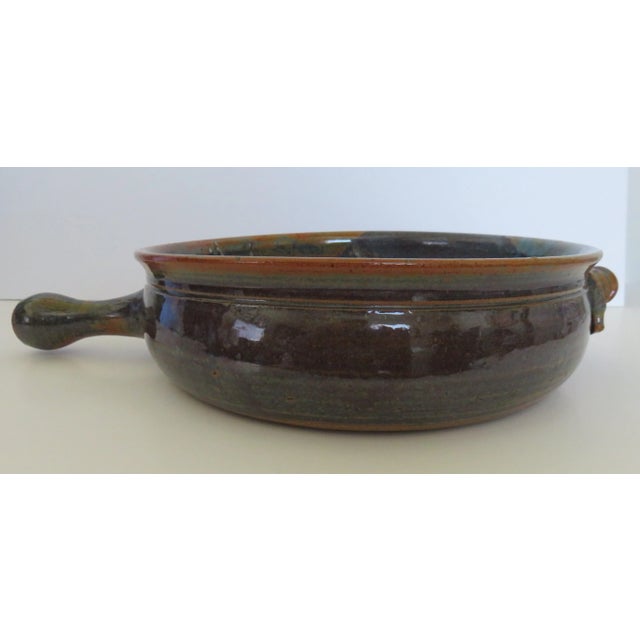 Rustic Late 20th Century Signed Vintage Hand-Made Glazed Pottery Bowl With Handle Rustic Colors For Sale - Image 3 of 9
