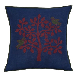 Apple Tree Applique Pillow Case - Navy & Maroon, 16" x 16" For Sale