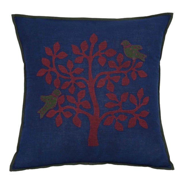 Apple Tree Applique Pillow Case - Navy & Maroon, 16" x 16" For Sale