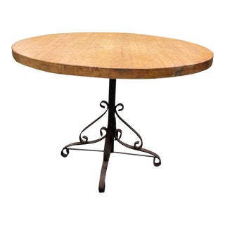 Vintage Round Butcher Block Table With Iron Base For Sale