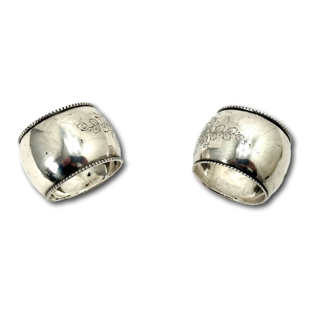 Antique Germany 800 Grade Continental Coin Silver Napkin Rings With Hand Engraved Flowers - a Pair For Sale - Image 4 of 12