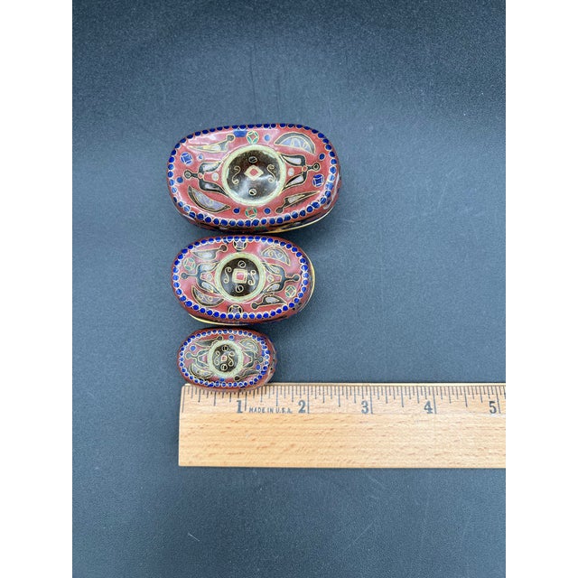 Mid 20th Century Chinese Cloisonné Yuanbao Wealth Ingot Trinket Boxes - Set of Three For Sale - Image 12 of 12