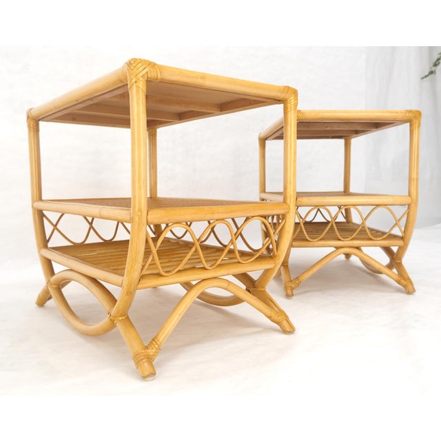 Wood Pair Rattan Bamboo Grass Cloth Top Two Tier End Side Tables Stands Magazine Rack For Sale - Image 7 of 14