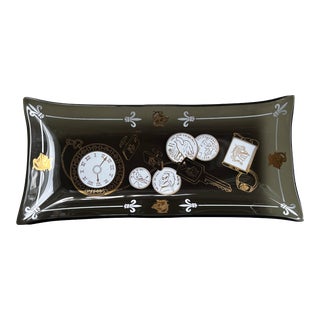1950s Glass Craft Black Smoked Glass Trinket Tray With Gilded Coins, Keys, Cufflinks, a Ring and Pocket Watch For Sale