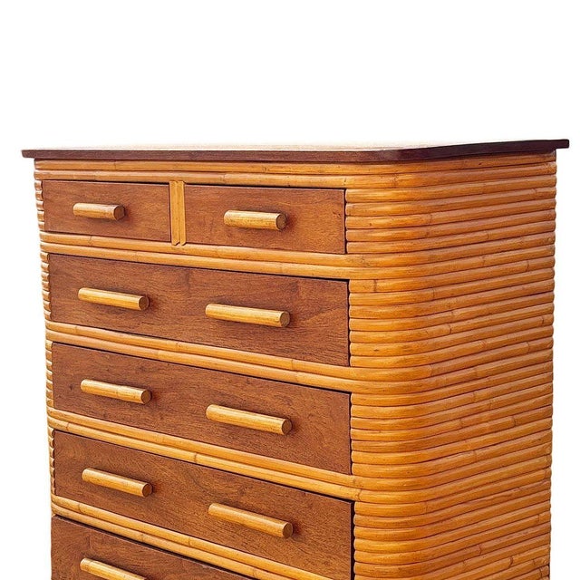 1930s Restored Art Deco 6 Drawer Stacked Rattan Highboy Dresser W/ Mahogany Top For Sale In Los Angeles - Image 6 of 8
