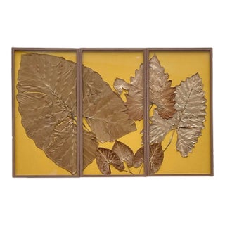 Vintage Boho Monumental Dried Leaves Triptych For Sale