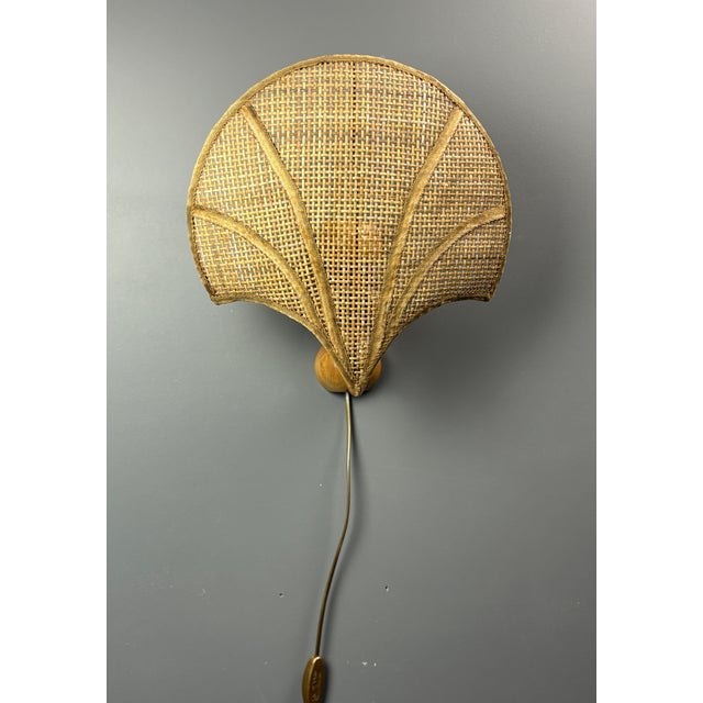 Vintage Italian Rattan Wicker Pine and Brass Scallop Wall Sconces, 1970s, Set of 2 For Sale - Image 14 of 18
