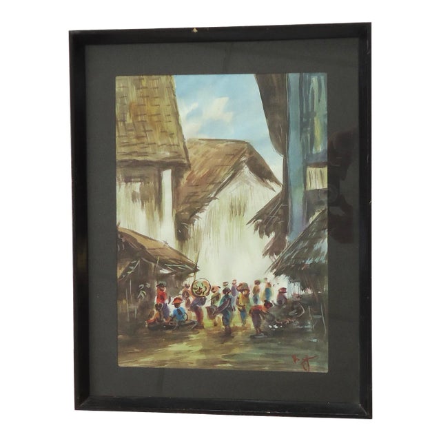 Mid 20th Century African Village Market Vintage Watercolor Painting For Sale