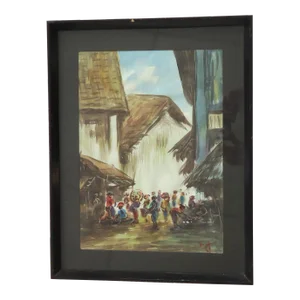 Mid 20th Century African Village Market Vintage Watercolor Painting