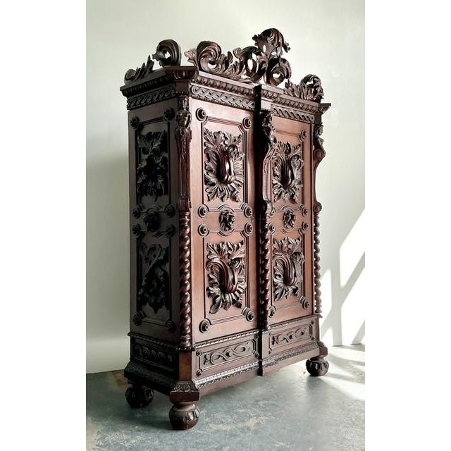 Vintage Boho Black Forest Carved Oak Armoire For Sale - Image 12 of 14