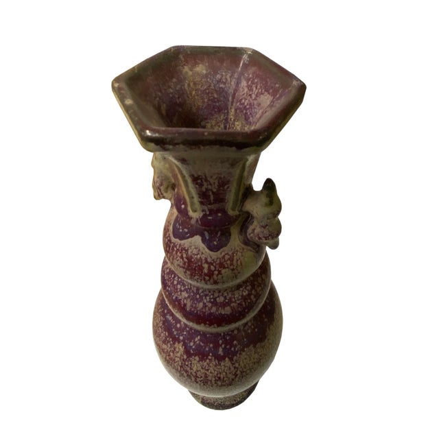 Plum Purple Distressed Ceramic Hexagon Mouth Artistic Narrow Vase For Sale - Image 4 of 6