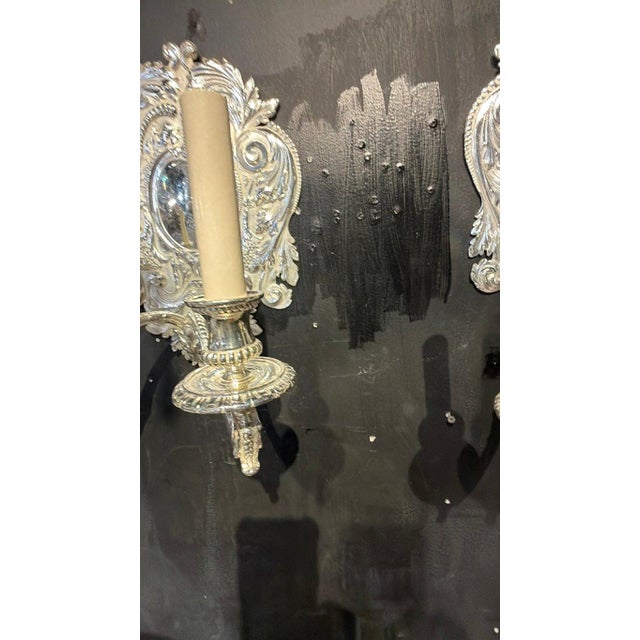 Metal 1900 Baroque Caldwell Silver Plated Sconces - Pair For Sale - Image 7 of 8
