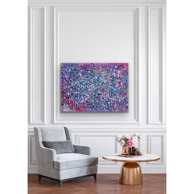 An original abstract acrylic on unstretched canvas by Arlene Carr, this vibrant piece explodes with energetic splatters...