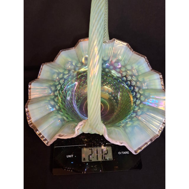 Vintage Fenton Green Opalescent Carnival Hobnail Glass Basket Ruffled Iridescent 10" For Sale In Boston - Image 6 of 16