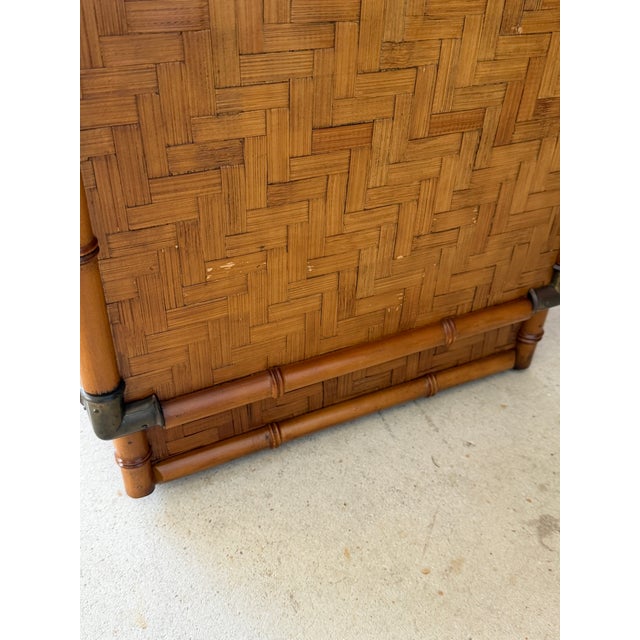 Chocolate Vintage Boho Coastal Dixie Campaign Style Faux Bamboo Sideboard With Herringbone Panels For Sale - Image 8 of 12