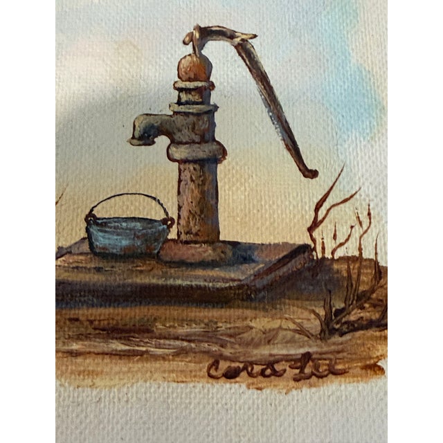 Beautiful miniature painting, signed by an artist very country farmhouse style; framed in a light brown wooden frame, no...