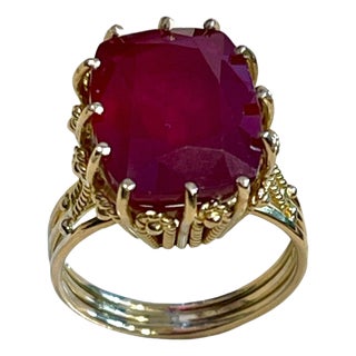 7.5 Carat Cushion Shape Treated Ruby 14 Karat Yellow Gold Ring For Sale