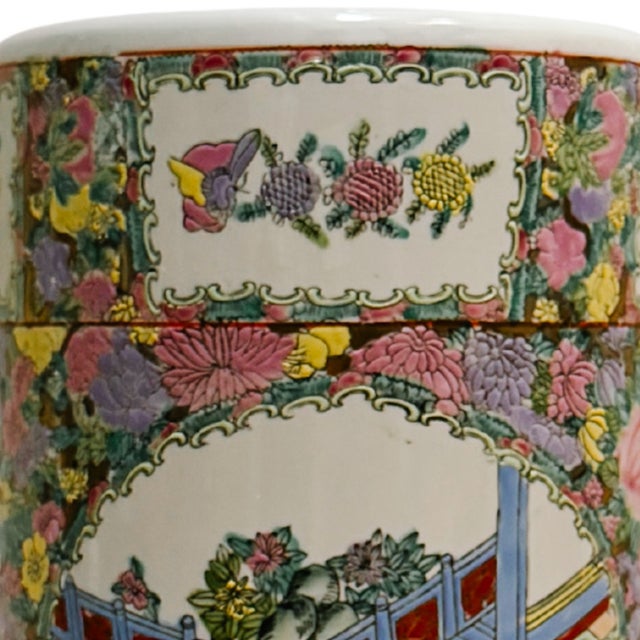 Ceramic Vintage Hand-Painted Chinoiserie Rose Medallion Floral Umbrella Stand For Sale - Image 7 of 11