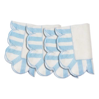 Jardin Embroidered Linen Scalloped Stripe Napkins in Natural/Light Blue, Set of 4 For Sale