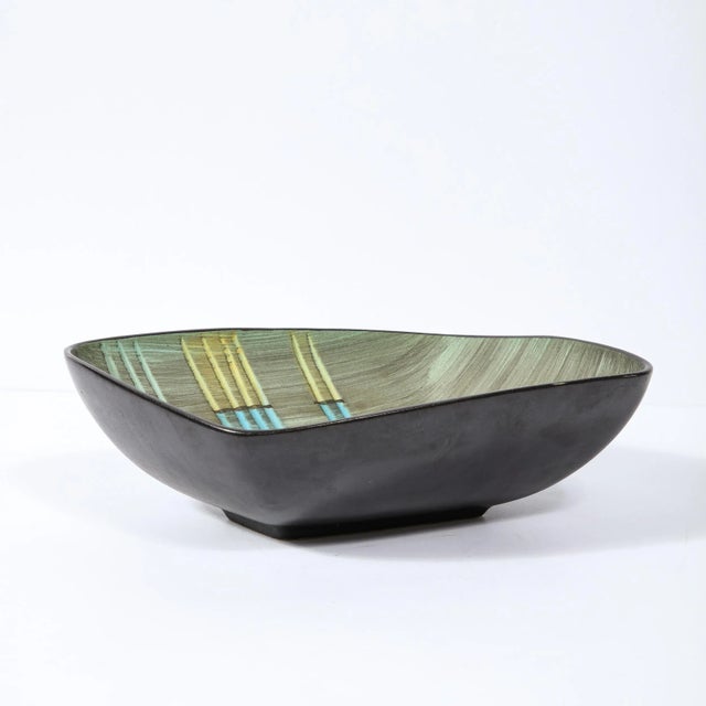 Mid-Century Modern Hand Painted Ceramic Bowl With Aqua & Flaxen Yellow Accents For Sale - Image 4 of 13