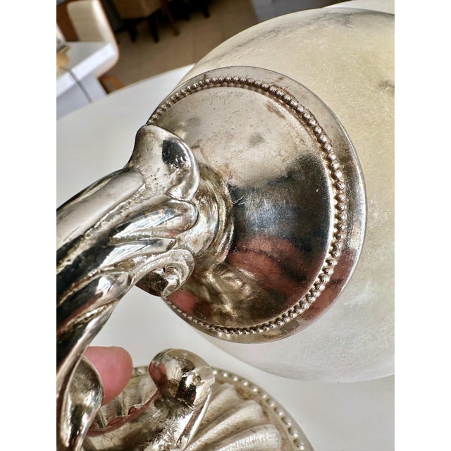Pair Silver Nickel Alabaster Sunburst Wall Sconces For Sale - Image 12 of 18