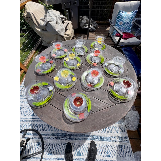 Mid-Century Modern Vintage Hand Painted Tulip Glass Shrimp Cocktail Set For Sale - Image 3 of 11