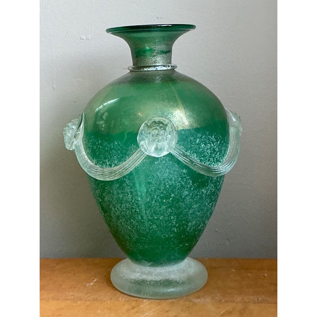 Vintage Green Art Glass Vase With Relief Faces For Sale - Image 9 of 12