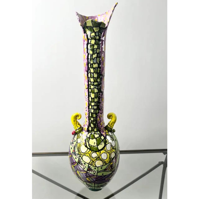 Abstract Studio Multi-Color Hand Painted Ceramic Vase Signed & Dated 1999 For Sale - Image 17 of 17
