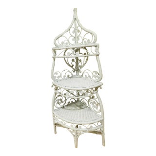 Vintage 1960s White Wicker & Rattan Corner Étagère – Ornate Heart + Scroll Motif, 3-Tier, 60" H For Sale