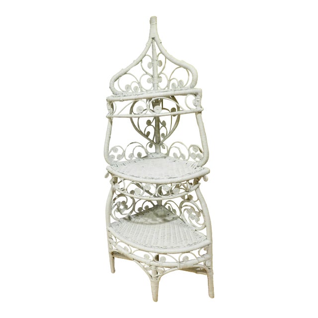 Vintage 1960s White Wicker & Rattan Corner Étagère – Ornate Heart + Scroll Motif, 3-Tier, 60" H For Sale