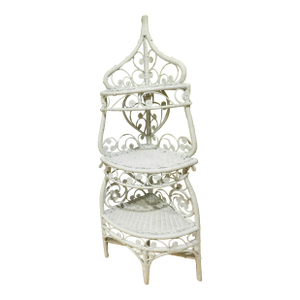 Vintage 1960s White Wicker & Rattan Corner Étagère – Ornate Heart + Scroll Motif, 3-Tier, 60" H