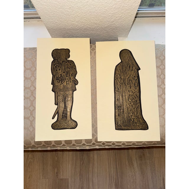 This striking, matched pair of vintage English monumental brass rubbings offers an exceptional, crisp graphic element for...