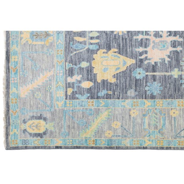 Textile Modern Oushak Style Hand-Knotted Wool Area Rug in Charcoal, Sky Blue & Pastel For Sale - Image 7 of 11