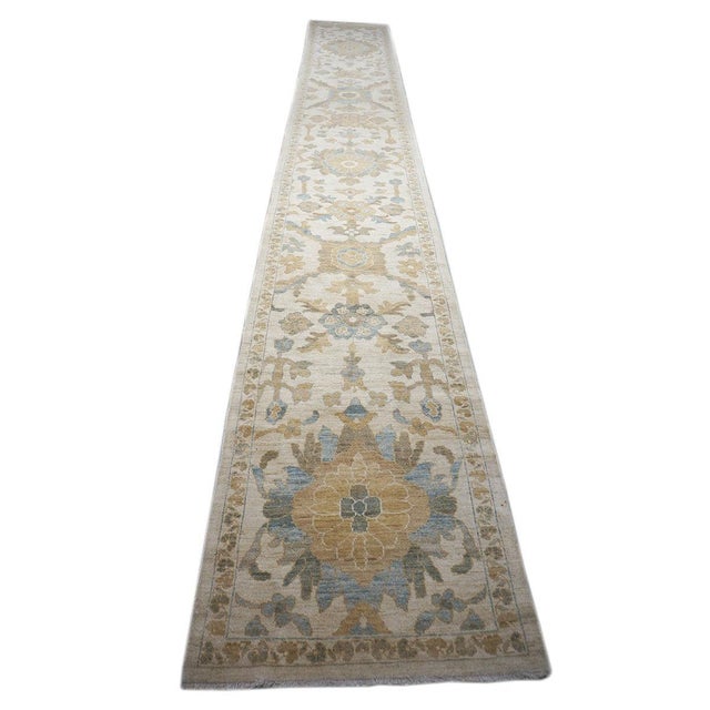 Persian Sultanabad Wool 3x23 Ivory, Light Blue & Tan Handmade Runner Rug #1141108