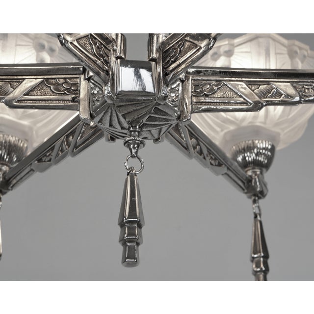 French Art Deco Nickeled Bronze & Geometric Glass 6-Armed Chandelier by Ejg 1930s For Sale - Image 9 of 13
