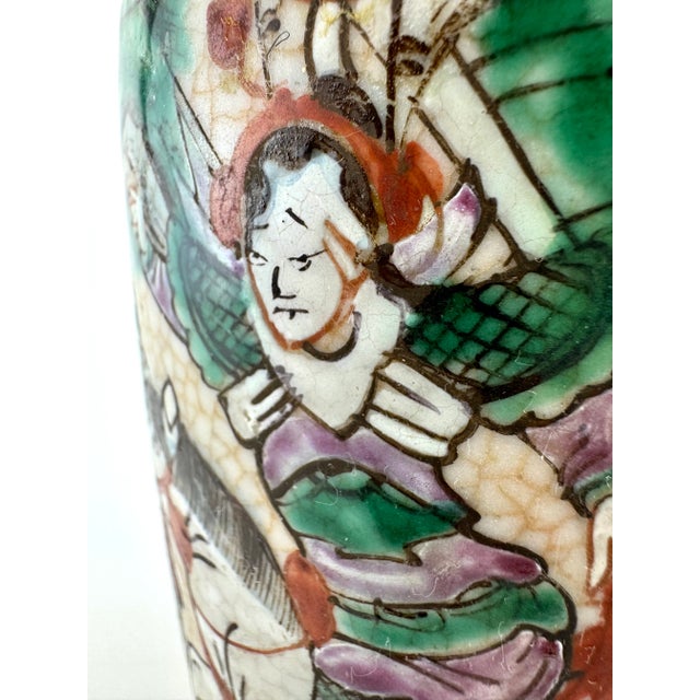 Antique Japanese Satsuma-Style Warrior Vase With Sculpted Handles and Crackle Glaze For Sale - Image 9 of 14