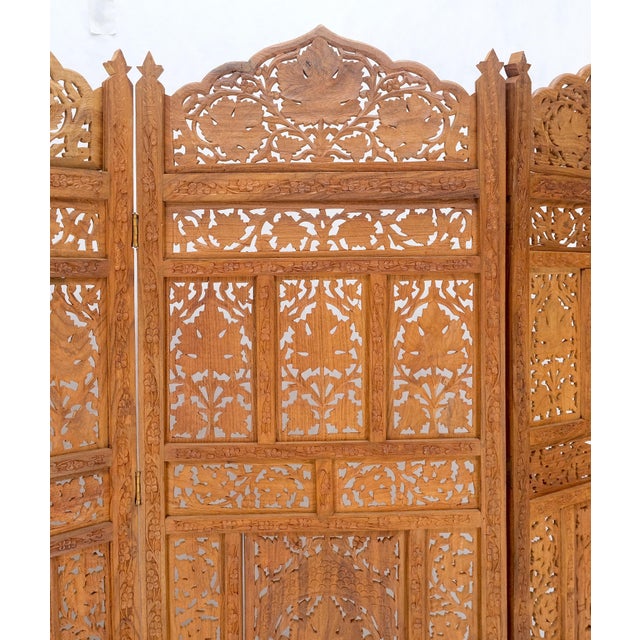 Wood Fine Asian Carved Teak 4 Panels Screen Room Divider Mint! For Sale - Image 7 of 11