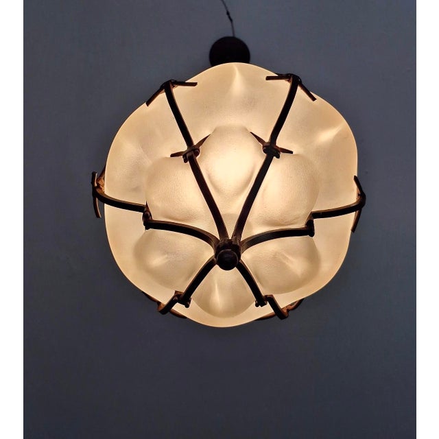 Venetian Murano Blown Frosted Glass Hall Lantern Pendant Light in Iron Frame, Italy, 1960s For Sale - Image 8 of 11