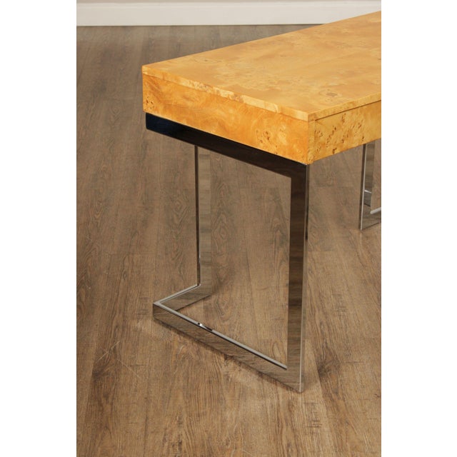 Yellow 1970's Modern Burlwood and Chrome Writing Desk For Sale - Image 8 of 12