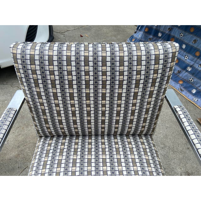 2000 - 2009 2003 Set of 4 Mies Van Der Rohe for Knoll Flat Bar Brno Arm Chairs Grid Fabric Pattern For Sale - Image 5 of 15