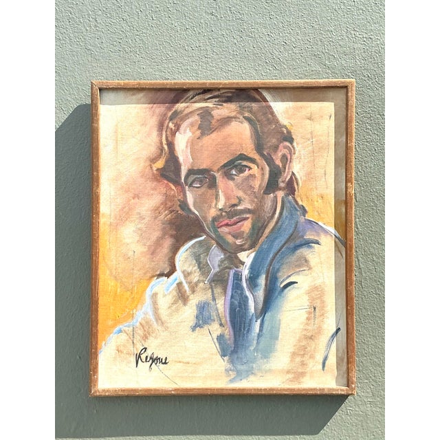 Chestnut Mid 20th Century Vintage Boho Regone Pierokkis Portrait Oil on Canvas, Framed For Sale - Image 8 of 9
